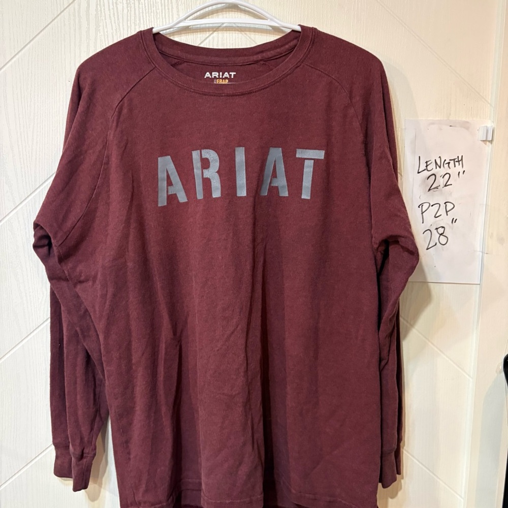 Ariat Rebar‎ Long Sleeve Shirt Maroon XL Workwear Cotton Strong Pullover Tee